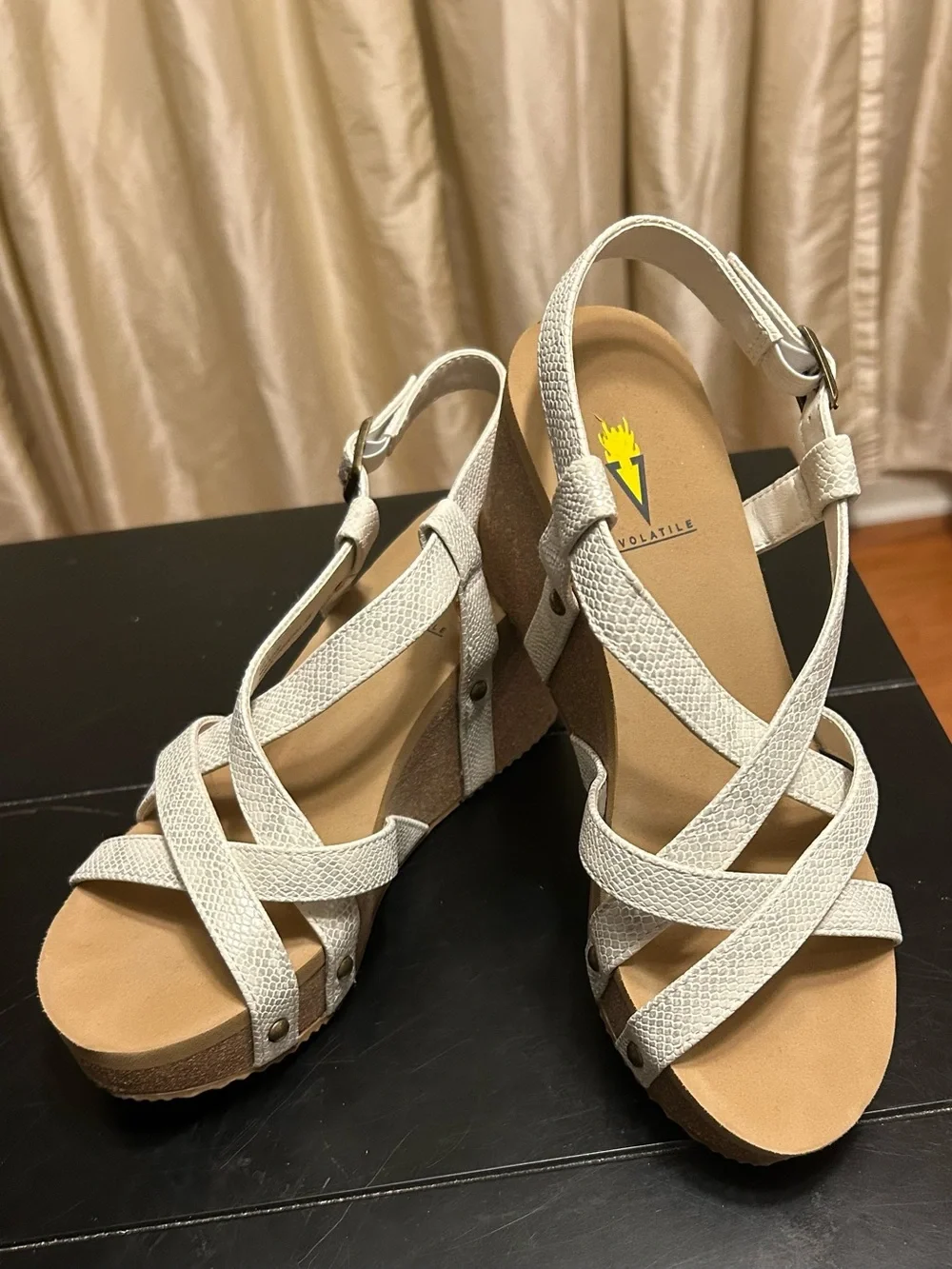 Volatile Off White Textured Strappy Cork Wedge Sandals with Ankle Buckle